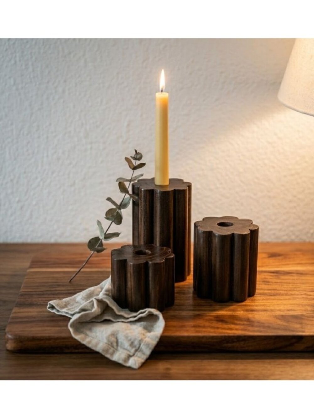 Fluted Wood Taper Candle Holder Set of 3 — Dark Wood Candle Holders, Sculptural